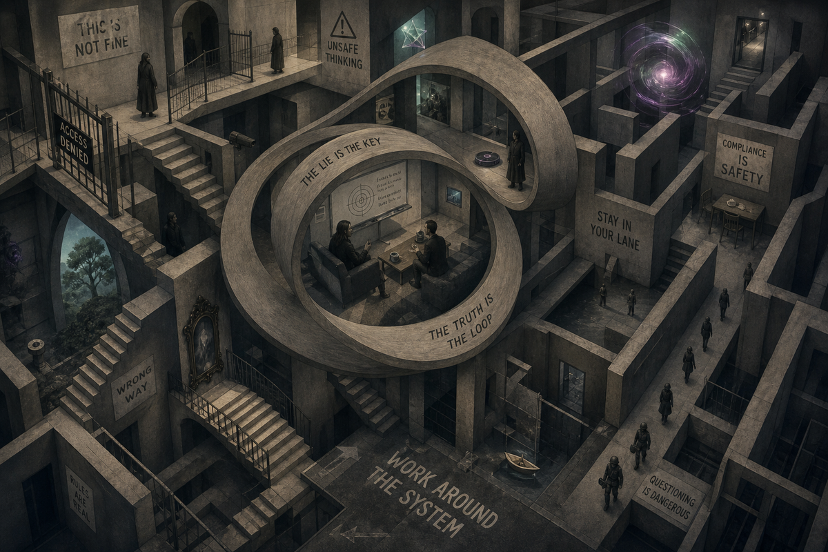 Escher-like labyrinth. Signs: COMPLIANCE IS SAFETY. Small, identical figures. A looping, circular room, two people. Calm. Ordinary. Coffee. Inscriptions: THE LIE IS THE KEY. A roomba.