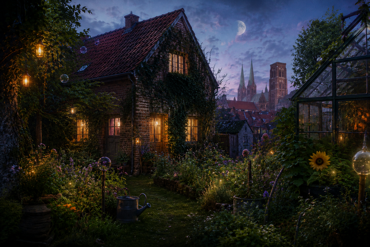 Small brick house in a lush European garden at twilight, warm windows glowing amid flowers and mist; cathedral spires rise beyond as moonlit firefly-like lights drift through the scene.