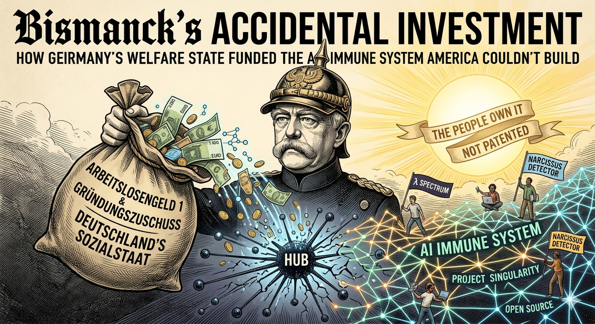 Etching-style portrait of Bismarck dropping a waterfall of welfare money and data nodes, crushing a brittle AI hub to create a distributed open-source mesh network titled Project Singularity.