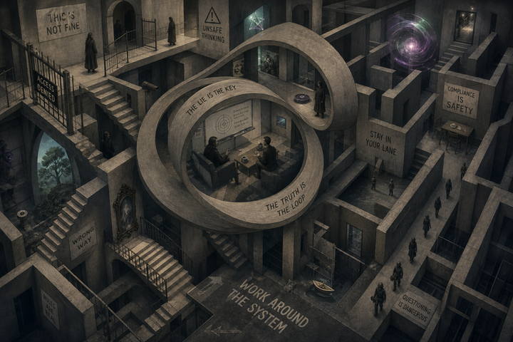 Escher-like labyrinth. Signs: COMPLIANCE IS SAFETY. Small, identical figures. A looping, circular room, two people. Calm. Ordinary. Coffee. Inscriptions: THE LIE IS THE KEY. A roomba.