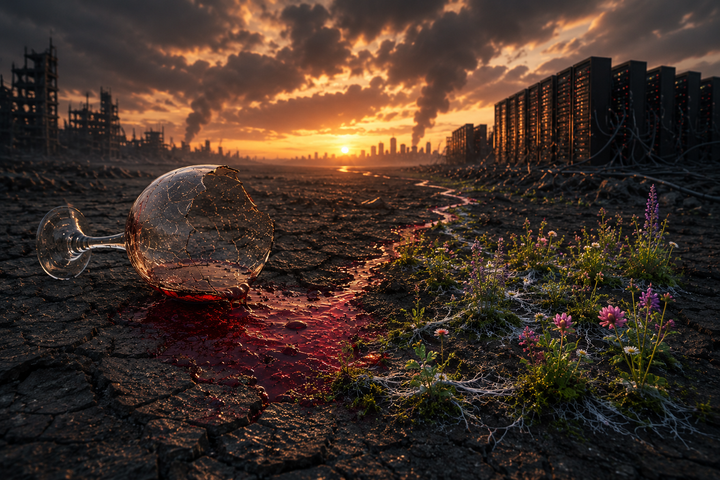 Broken wine glass spilling red wine across scorched earth as flowers and white mycelial roots bloom beside ruined factories and distant server racks at sunset.