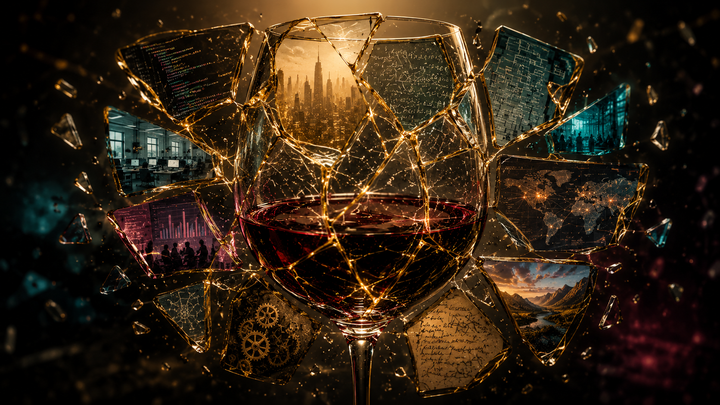 A wine glass suspended between collapse and repair. Every shard tells a different story. The gold remembers they belong to the same glass.