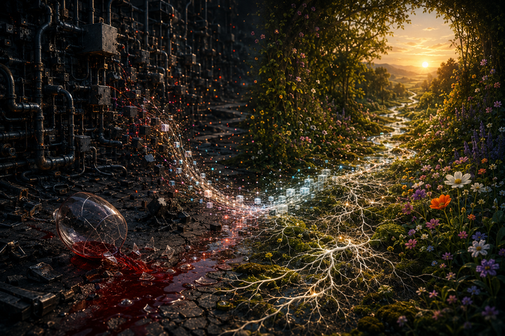 The glass broke. The signal survived. From shattered glass and spilled wine, luminous roots cross the boundary between machine and garden, carrying life toward the light.