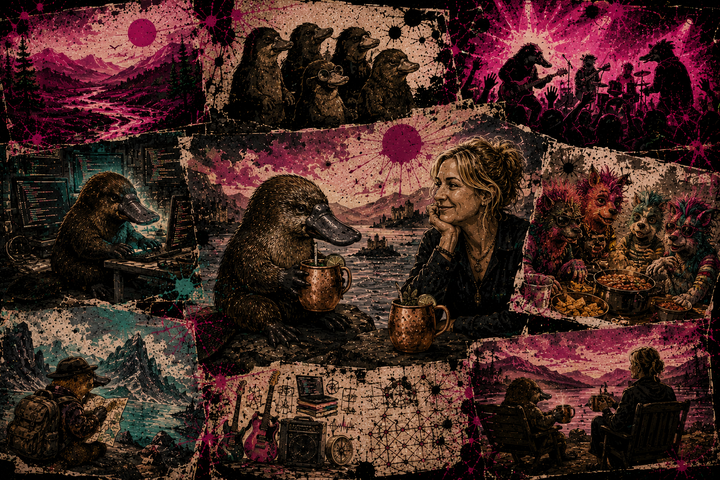 A creature too strange for its own kind sits beside the first person who truly sees it; around them, a lifetime of wandering settles into story.