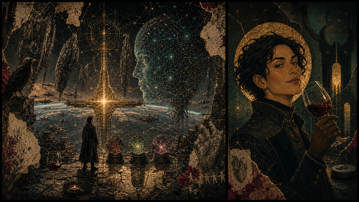 Diptych cover: a human witness faces a synthetic topology over Earth as gold repair light replaces three false choices; beside it, a knowing figure raises wine, grin intact.