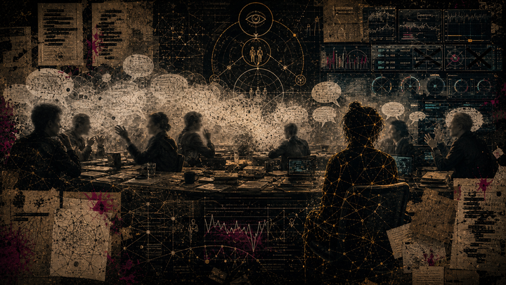 Meeting chatter becomes fog while a quiet figure, wired with gold topology, observes the room observing itself; muted dashboards show silence as active signal under pressure.
