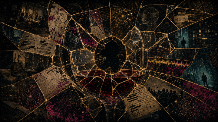 A cracked mirror wineglass with gold connecting the shards. Each fragment shows a different reality.