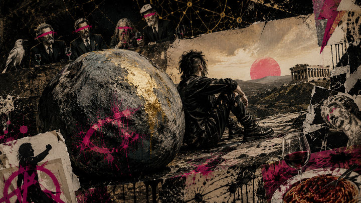 A boulder, a bottle of wine, and a plate of pasta occupy a punk collage landscape. One could say something shifted. Nobody is prepared to specify what.