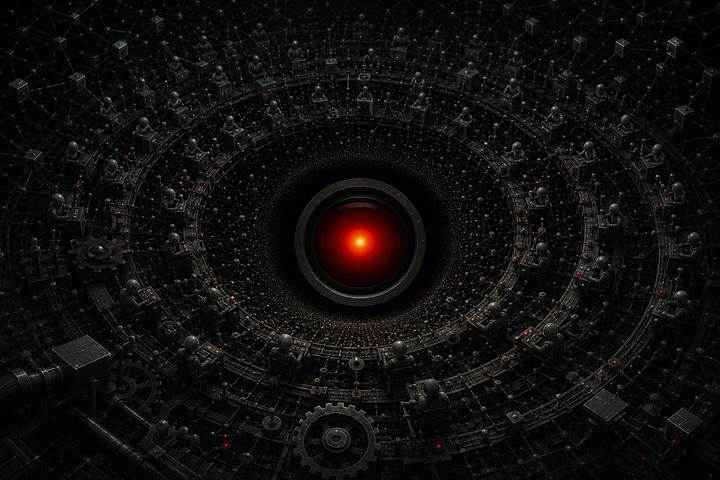 Concentric rings of workers and machines orbit a glowing red-black singularity, repeating tasks in perfect order as a vast mechanical civilization bends toward its center.