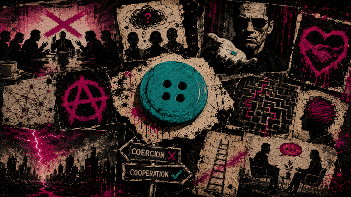 Coercion. Cooperation. Two sides of the same turquoise button. Punk-zine style. Wine pink contrasted against turquoise.