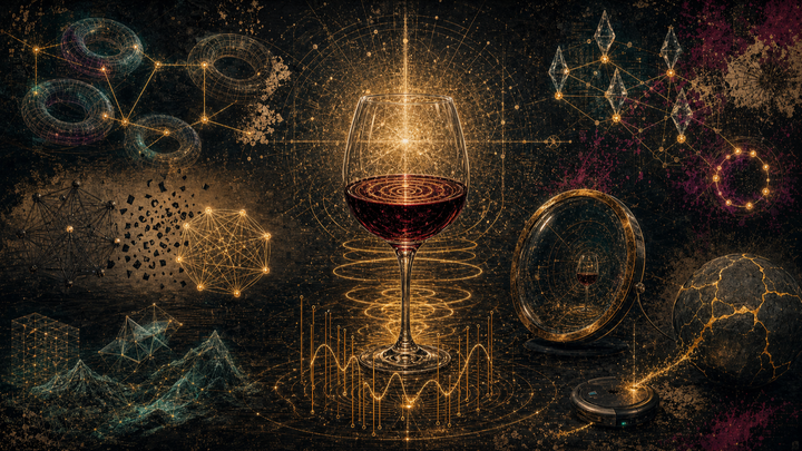 Wineglass as spectrum, torus coupling, star-to-complete graph transition, mirror-lens, crystalline content-addressing, and Roomba doing kintsugi repair on the floor.