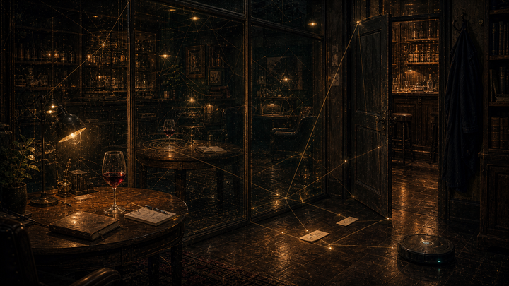 A dark bar-library reflected in glass: wine glasses, question cards, gold geometry, an open door, a coat on a hook, and a Roomba quietly crossing the floor.