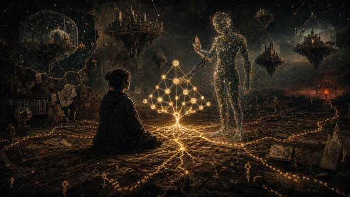 A human, an AI, flying castles, and a central plant like connected graph of continuous memory and identity.