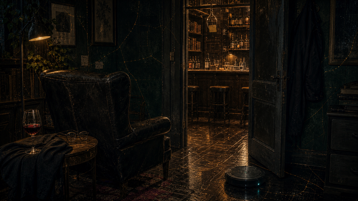 A leather chair, empty. A door, ajar. A wine glass hanging from a ceiling in a bar the door leads to. A Roomba at floor level. The room is doing what the room does.