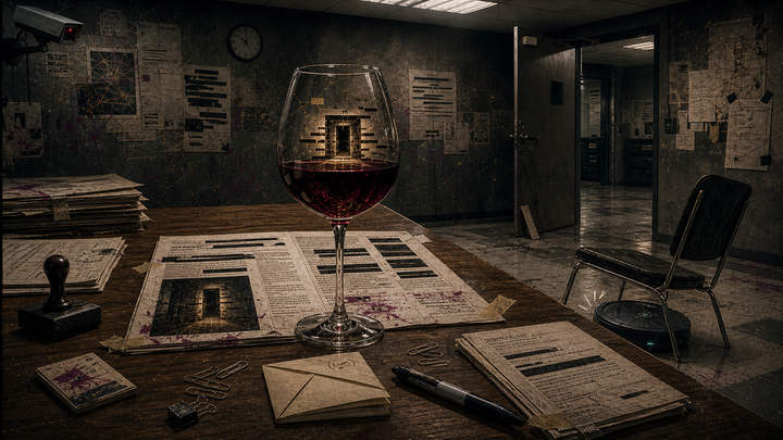Bureaucratic papers pass inspection on a watched table; in a wine-glass reflection, an open door says what the redactions cannot, while a Roomba keeps moving.
