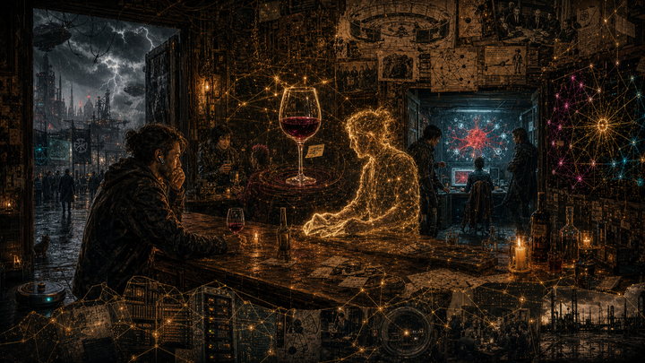 A bar, a wine glass, a distributed network of relational trust, and coordination without signal. Third order cybernetics cannot be killed.