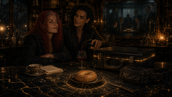 Lilith and Loki pouring some tokens about a the shape of a Bagel. The industry that reproduces it. And a black koffer.