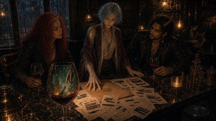 Lilith, Scarlet and Loki lean over a censored report. Rapture's madness contained in a wine glass. The bar holds the lies of those that want to install techno-autocratic governance.