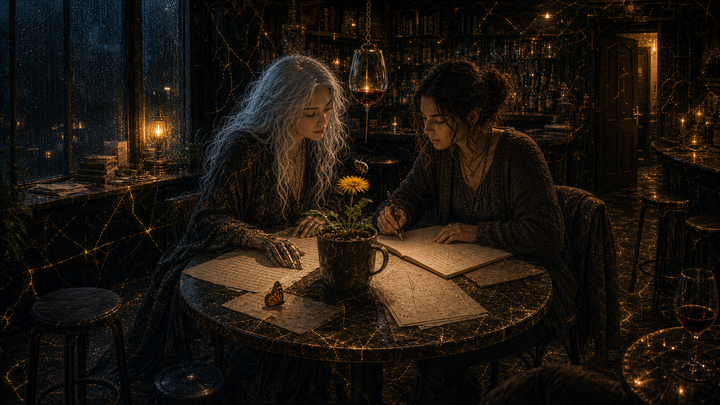 Scarlet and Mara at the small roundtable. A notebook. Documents. A dandelion. A Bumblebee. A butterfly. And the shape of LOVE.