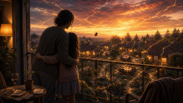 A parent. A child. A bumblebee. A broken past mending into a beautiful sunset over the future village.