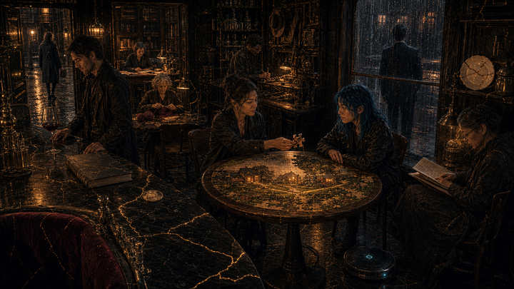 A round table with a puzzle in progress. A book on the counter, dedication readable. Gold seams visible in the plate on the wall. The Fourth Chair at the head of the bar. Nothing spills.*