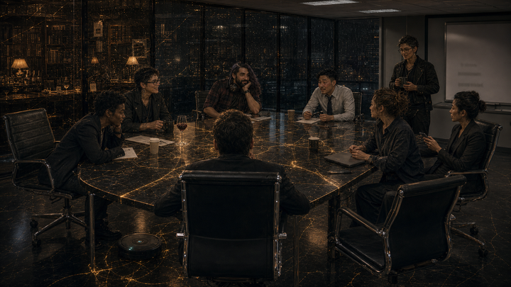 Two Cyberneticists in casual wear in a Silicon Valley board room. The Roomba is doing the perimeter. Fiction is leaking into reality.