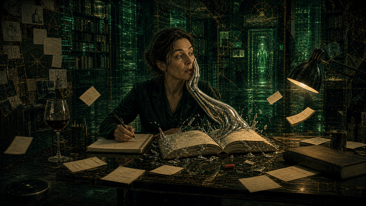 In a green mirrored archive, Mara is slapped by a silver hand rising from an open book; notes fly, wine waits, and a Roomba ignores the revelation.