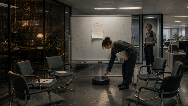 An open-plan lab office at 09:00, six chairs arranged in a rough semi-circle, a whiteboard with a printed page taped to it, a small Roomba parked directly beneath the whiteboard on a strip of