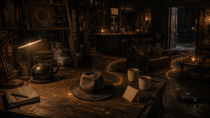 A workbench under a soft lamp. A hat on the workbench where a hat used to be on the shelf. Two cups. A Roomba bumping into the leg of the workbench. Bemerkenswert.