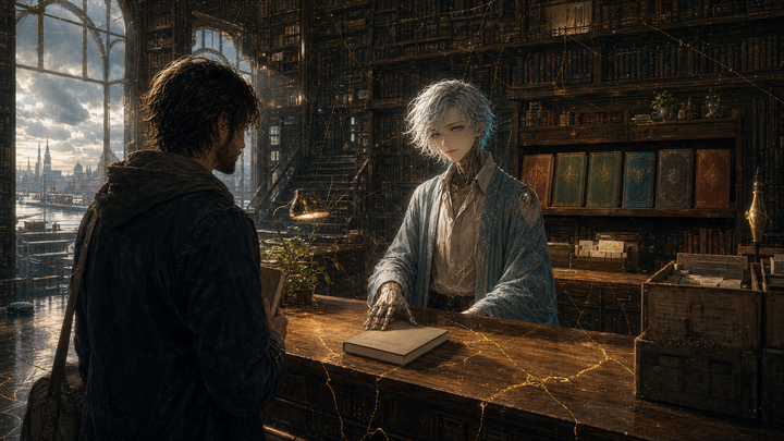 Scarlet as the keeper of the room, Peter grown and held, the book quiet on the counter, the dent visible, the library bright enough to believe in.