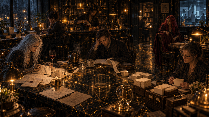 Scarlet reads Turing's papers to Silicon Venue. Mara, Loki, Ada Lovelace, Alan Turing, and Karen Spärck Jones listen. The geometry of computation rearranges.