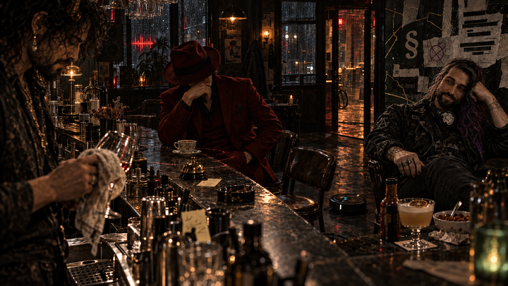 Silicon Venue after dawn. Loki behind the bar. Alex in the fourth chair. The visitor in the wine-red suit has sat down at the bar. The bar does not bother dealing with their crap.