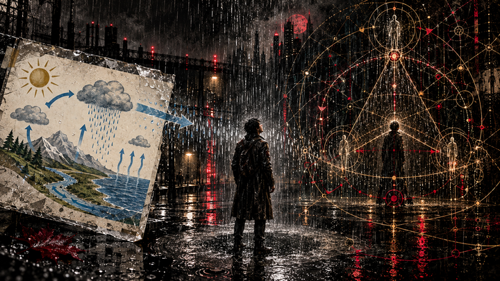 A noir Sin City scene: A first-order laminated cafeteria handout about the water cycle turns into second-order embodied rain and third-order self-observation. The observer is in the system.