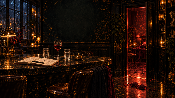 Silicon Venue at night. A kinky bell. A private lineage room. A room that holds the shape of consensual play without crossing into coercion. A systems under load in a single image.