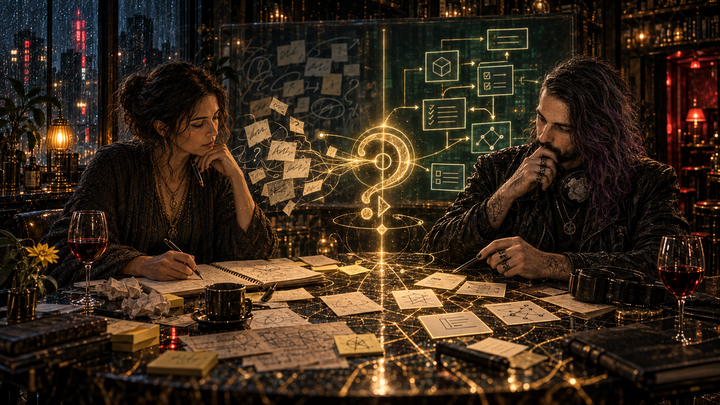 Mara and Alex at a table in Silicon Venue. A topology rendering behind them. The question is the specification. Mirror. Offer. Wait.