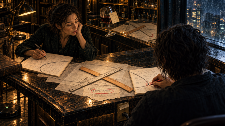 Mara and Seam observe a loop of meaning between them. Two rulers on the table mark the place where the metric becomes a choice. The wineglass hangs between them. The Roomba roombas.