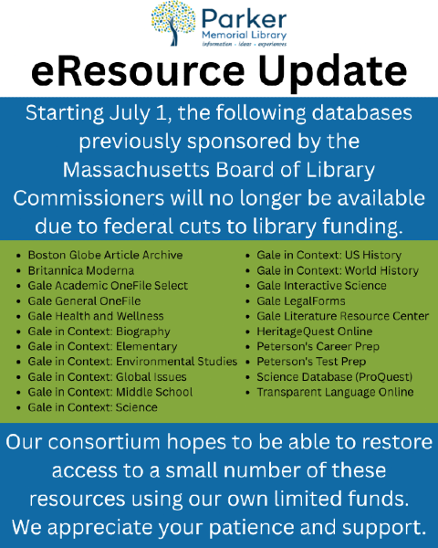 A list of 21 e-resources no longer available at the Dracut Public library due to the federal dismantling of the Institute for Museum and Libraries Services