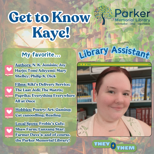 Intro Social Media Post via Dracut Library from August 2024 that includes my pronouns