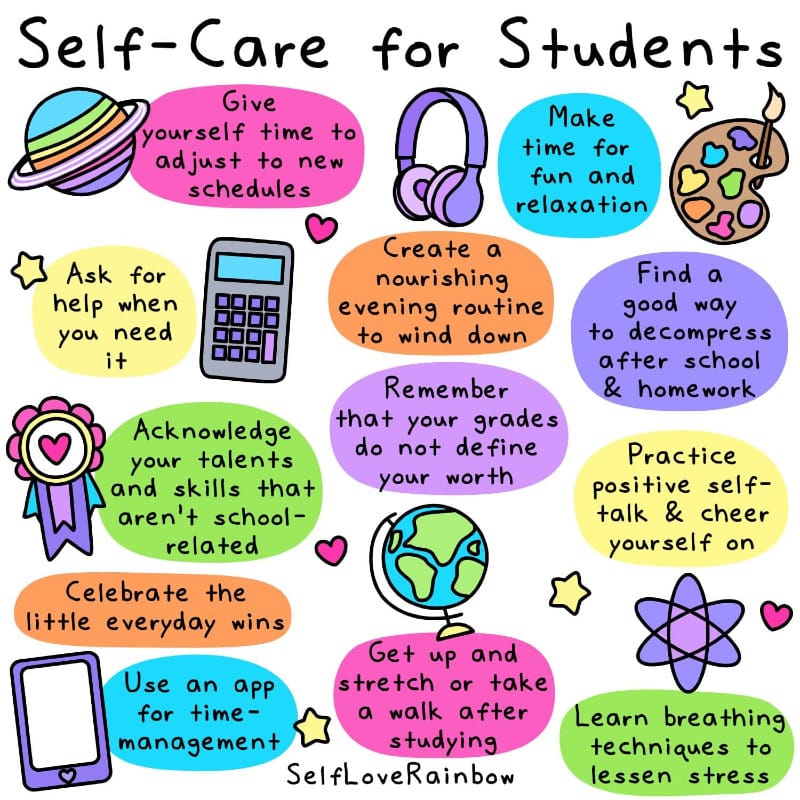 SelfLoveRainbow graphic with tips for student self-care, such as practicing positive self-talk, stretching, and having a healthy evening routine