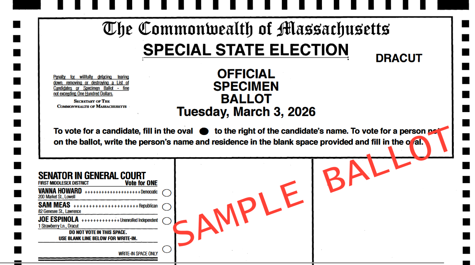 Sample Ballot for the March 3rd State Special Elections. Voters will have the following three candidates to choose from: Vanna Howard (Democrat), Sam Meas (Republican), or Joe Espinola (Unregistered Independent)