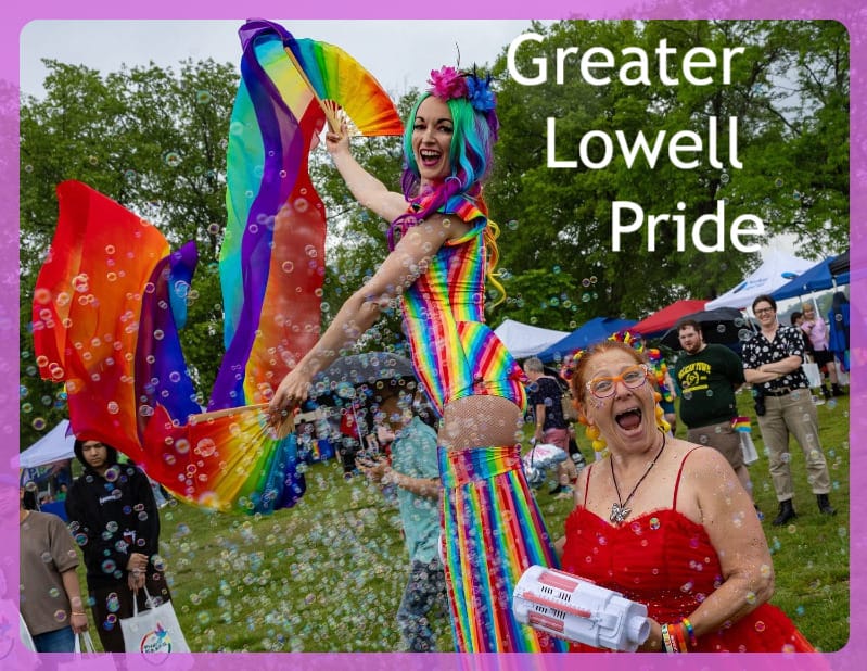 Greater Lowell Pride promo image with rainbow performers with fans, ribbon, and bubbles