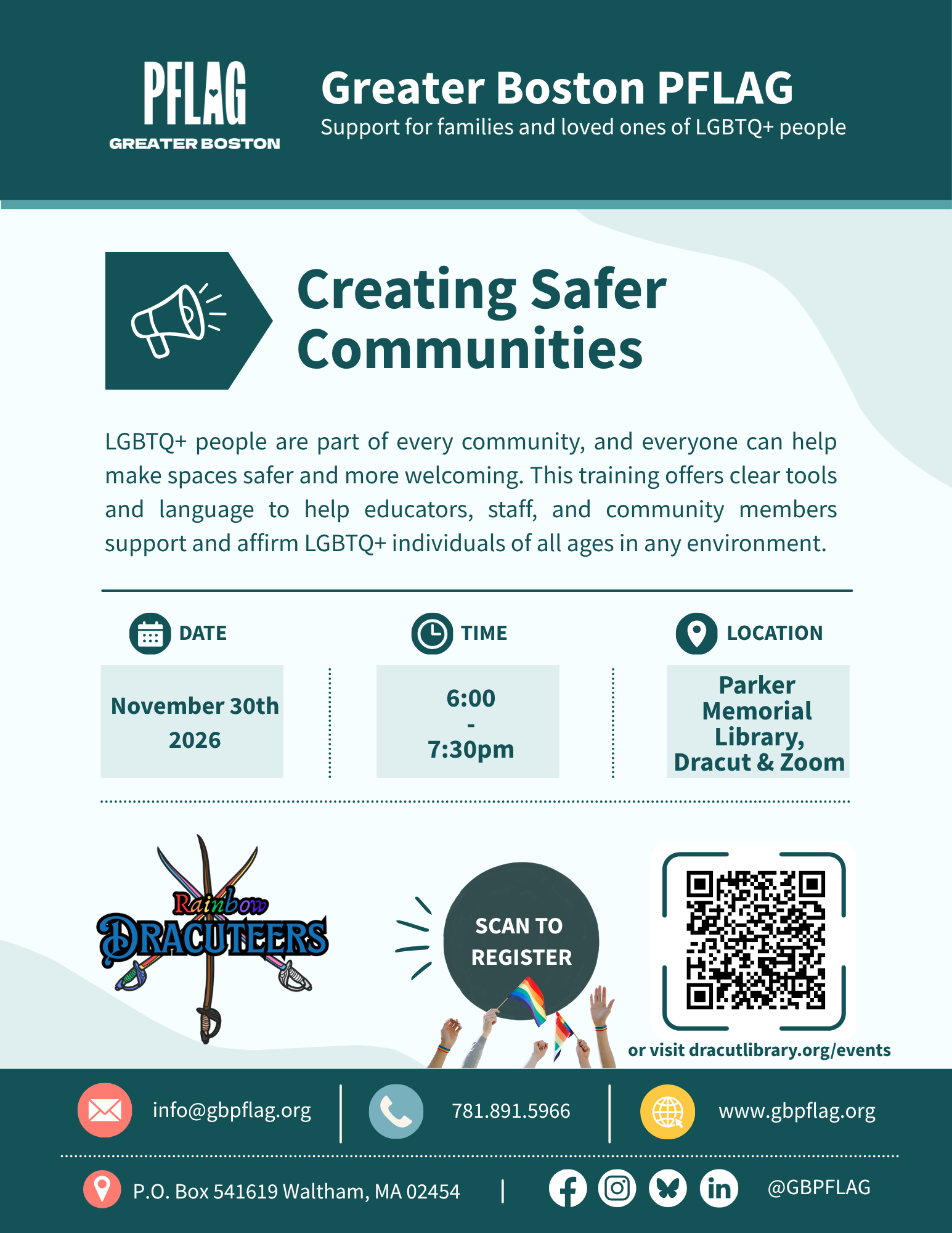Creating Safer Communities GBPFLAG workshop on 11/30/26 from 6-7:30pm at Dracut public library.