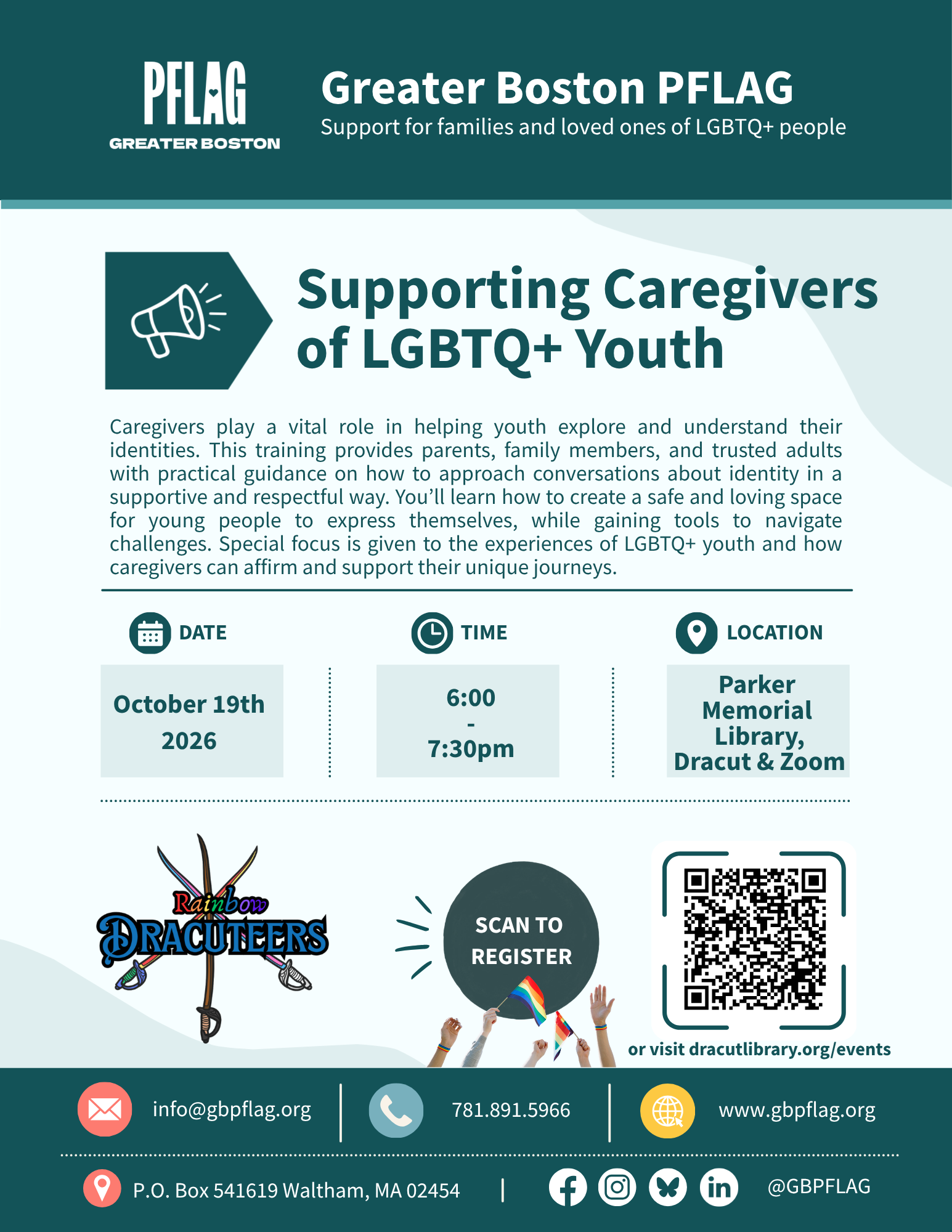 Supporting Caregivers of LGBTQ+ Youth workshop on 10/19/26 from 6-7:30pm at Dracut public library