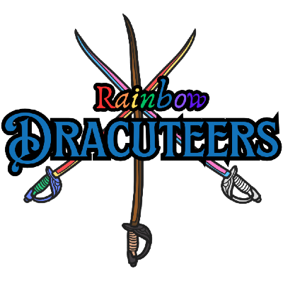 Rainbow Dracuteers logo. Features three sabers in the background with the colors of the progressive LGBTQIA+ flag in a Three Mustketeers motif