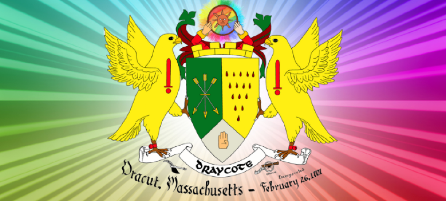 The seal of the town of Dracut on a rainbow background