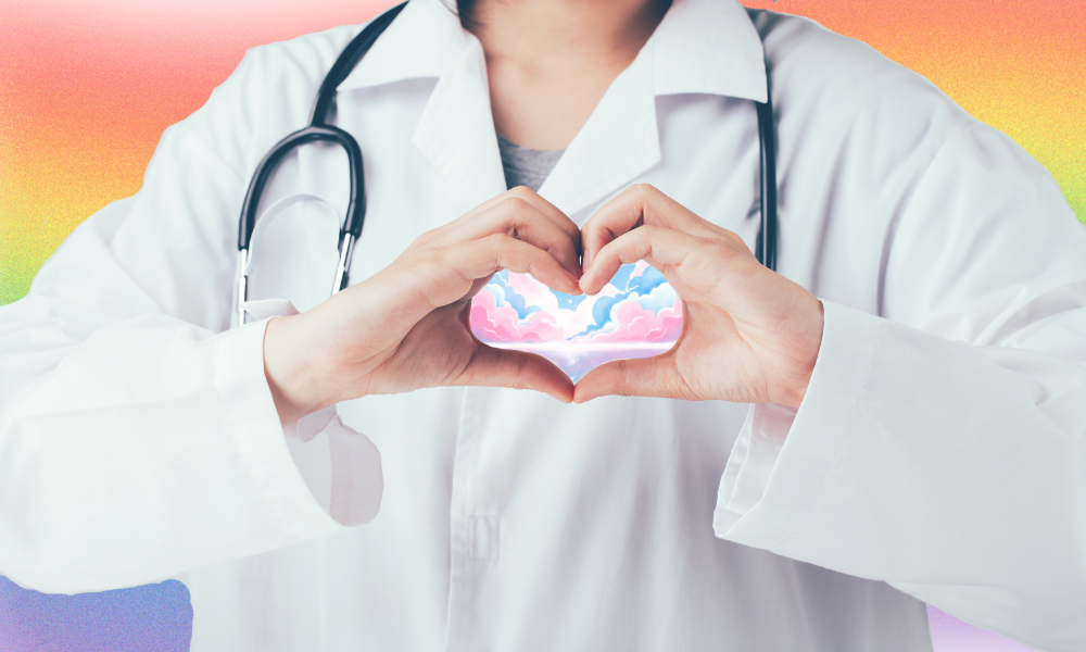 A doctor holds their hands in a heart shape, and a lovely watercolor scene with trans pride colors is seen within the heart