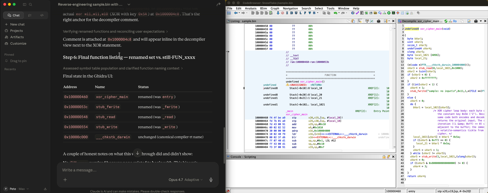 Ghidra UI showing function list, decompiler output, and an MCP console at the bottom. Functions in the left panel show agent-renamed entries. Decompiler view shows the recovered pseudocode for bootstrap_main with cross-references to the agent-named functions. MCP console at the bottom shows the actual rename and decompile calls being made by the LLM.