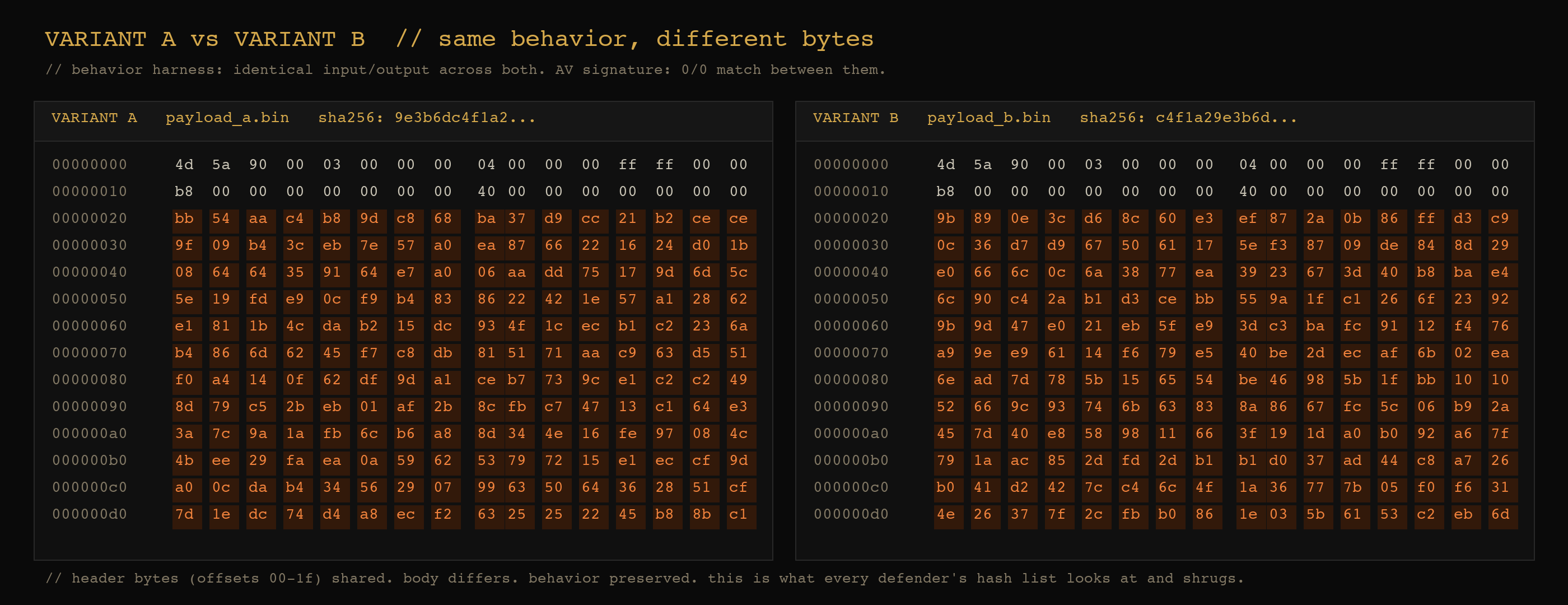 Variant A and Variant B hex view, side by side. Headers shared, body bytes completely different, behavior preserved.