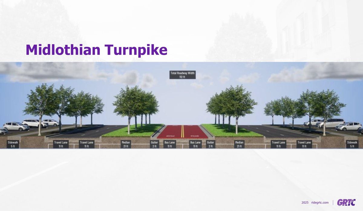 Renderings show high-speed bus lanes inset along Midlothian Turnpike, with road narrowed to two lanes