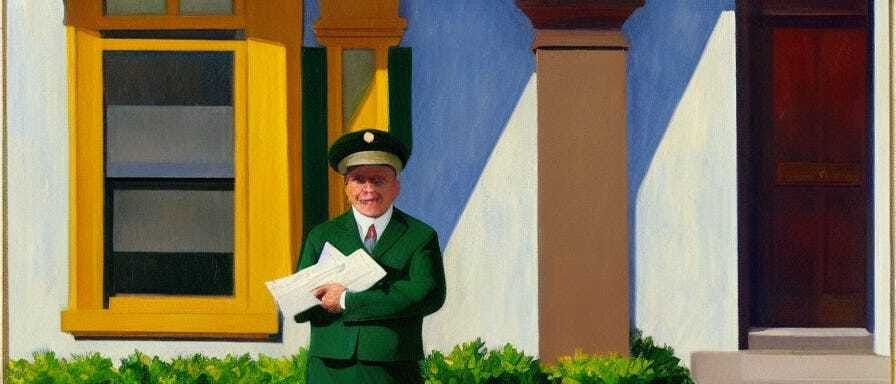 “Painting of a mailman in front of a house in the style of Edward Hopper” - A.I.